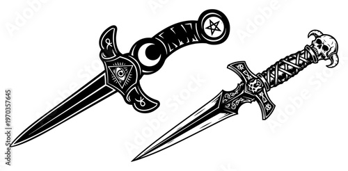 Occult and Gothic Ritual Dagger Vector Set, Ornate Fantasy Knives with Skulls and Esoteric Symbols Illustration