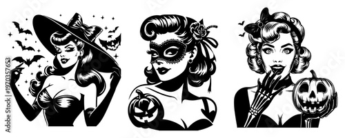 Halloween Pin-up Girl Characters Set, Vintage Style Witch and Masquerade Woman with Pumpkins Illustration
