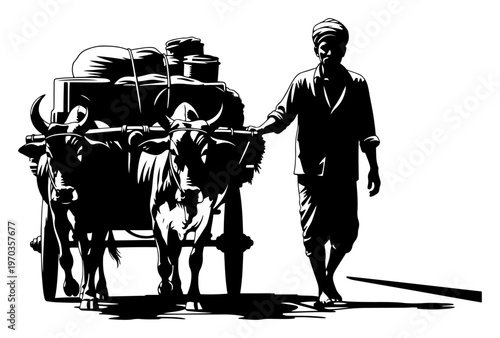Traditional Indian Bullock Cart with Farmer Silhouette, Rural Transportation and Village Life Vector