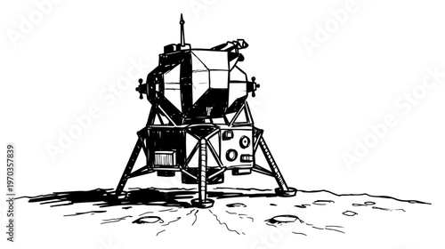 Lunar Lander Module on Moon Surface Sketch Vector, Space Exploration Apollo Mission Illustration