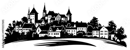 Medieval Town Silhouette Landscape, Historic European Village with Castle and Church Spires Vector Illustration