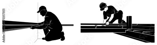 Floor Installation Workers Silhouette Set, Professional Handyman Installing Laminate or Parquet Vector