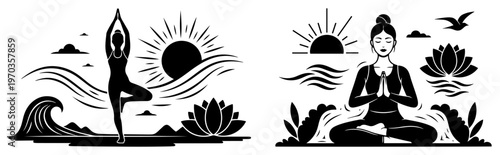 Yoga and Meditation Silhouettes Set, Woman in Tree Pose and Lotus Position with Sunset and Waves