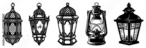 Vintage Lanterns and Oil Lamps Vector Set, Traditional Oriental and Camping Lantern Silhouettes