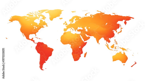 Map with highlighted continents in warm colors isolated on transparent background isolated on a transparent background