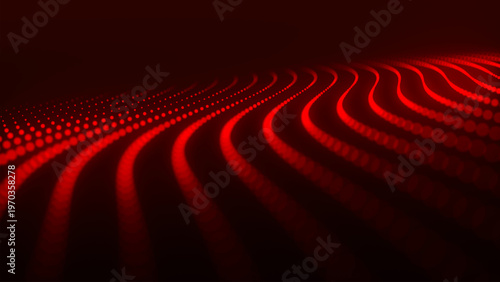 An abstract digital wave of particles. Dark background. Red glowing dots align in undulating arcs, creating an abstract flow of energy. Vector.
