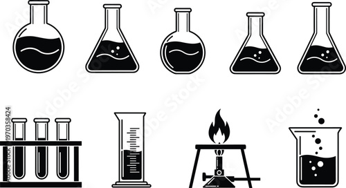 Laboratory and Chemistry Icons Set with Flasks, Test Tubes, Beakers, Bunsen Burner, and Chemical Reactions for Science, Research, and Experiments