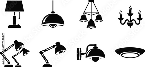 Lighting Fixtures and Lamp Icons Set with Table Lamps, Chandeliers, Pendant Lights, and Wall Lights for Home, Office, and Interior Design