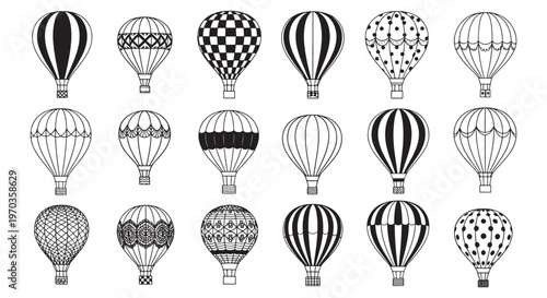 Black and White Hot Air Balloon Icon Set — Vintage Balloon Silhouettes and Decorative Patterns