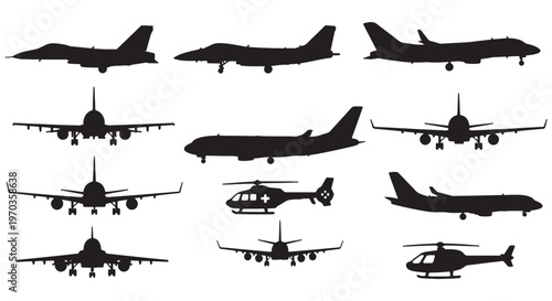 Airplane And Helicopter Silhouettes Collection Showing Multiple Aircraft Profiles And Front Views