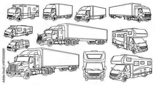 Commercial Truck Ambulance RV and Van Outline Vehicle Vector Set