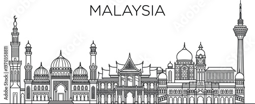 Malaysia skyline vector illustration featuring Kuala Lumpur landmarks with Sultan Abdul Samad Building and Menara KL tower outline,