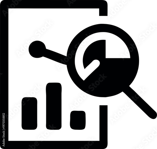 A magnifying glass over a graph and chart on a clipboard