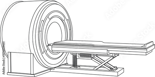 MRI scanner machine vector illustration featuring medical diagnostic resonance imaging equipment with patient table in black line art,