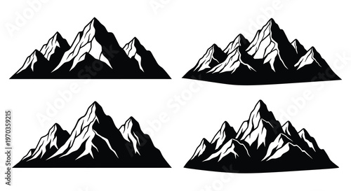 Four mountain range designs presented in striking black silhouette