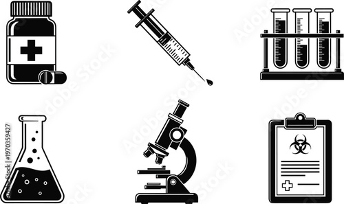 Medical and Laboratory Icons Set with Medicine Bottle, Syringe, Test Tubes, Microscope, and Chemical Flask for Healthcare, Science, and Research Applications