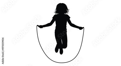 Young girl joyfully jumping rope in a striking black silhouette