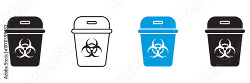 Sharps Container Icon Collection, multiple styles, medical and healthcare disposal symbols, needle, syringe, hazardous waste icons, editable vector graphics