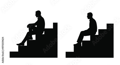 Two men seated on steps depicted in stark black silhouette