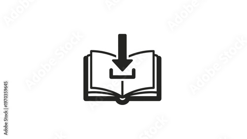 Black icon of an open book with download arrow above