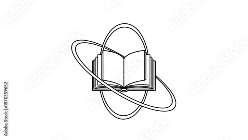 Open book with intertwined orbital rings, symbolizing knowledge