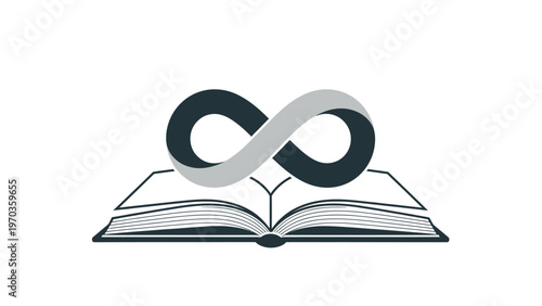 An open book with a grey and dark grey infinity symbol hovering above it