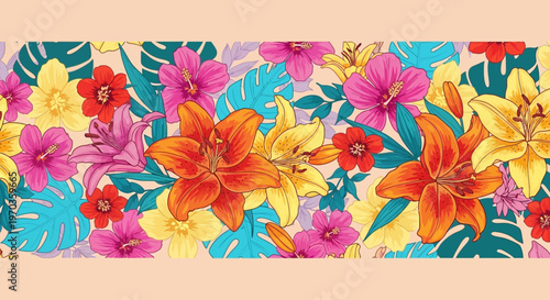 Colorful seamless tropical pattern with exotic flowers and leaves. A vibrant botanical design featuring lilies, hibiscus, and monstera foliage, ideal for textiles, backgrounds, and summer decor