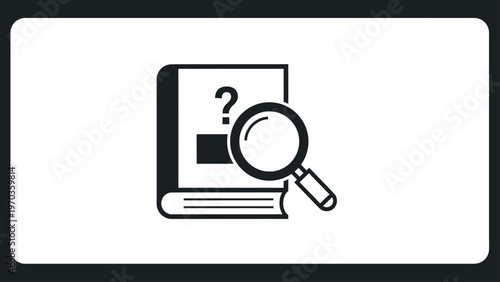 A book with a question mark and magnifying glass indicates search, knowledge, and inquiry