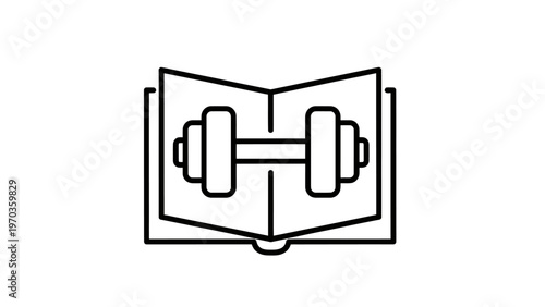 Stylized icon of an open book with a dumbbell superimposed