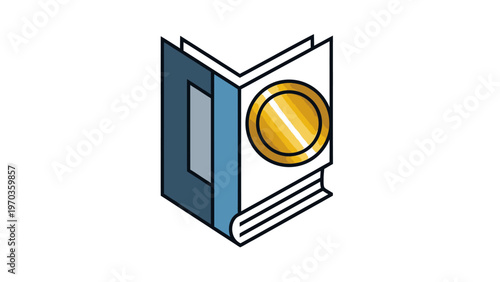Open book with a golden coin on a white page, angled view