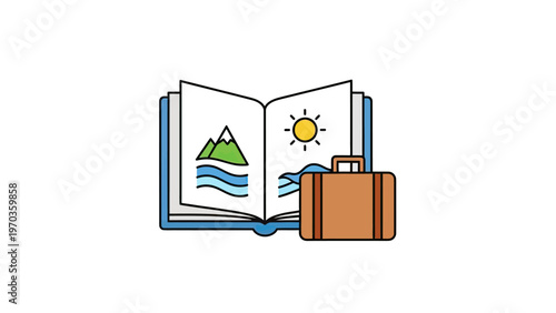 Open book with mountain and water scene, next to a suitcase