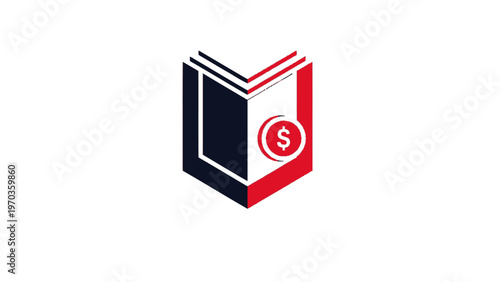 Abstract symbol of an open book with a dollar coin on a white background