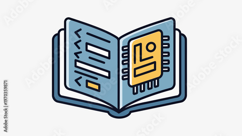 Open blue book with checklist on one page and a tech chip on the other