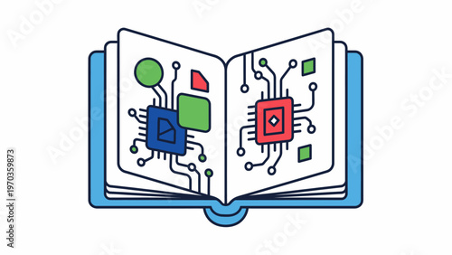Open book displaying circuit board patterns with chips, squares, and circles