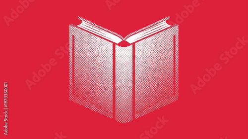 Open book with halftone dots and defined spine on a solid red background