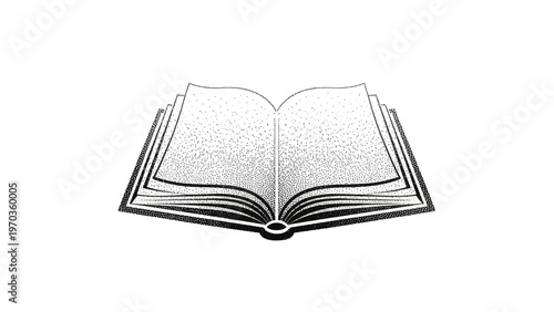 Open book with pages fanning out, rendered in stippling