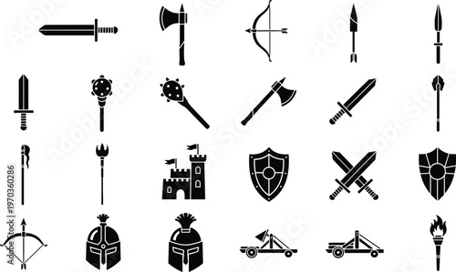 Medieval Weapons and Armor Icons Set with Swords, Axes, Shields, Bows, Spears, Helmets, Catapults, and Castle for Historical, Fantasy, and Battle Themes