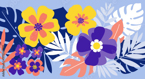 Vibrant Floral Illustration with Tropical Leaves and Daisy Flowers in Vivid Colors