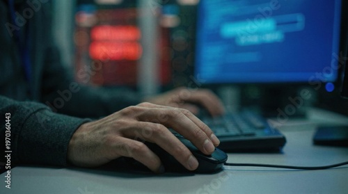 Close-Up Hand on Mouse Over Keyboard with Screen Reflections