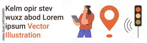 Navigation, travel planning, signal communication, technology use, location services, traffic monitoring. Person holding tablet with location pin, traffic light and signal symbol. Navigation