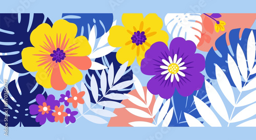 Vibrant tropical foliage and blooming flowers in a colorful abstract pattern on a sky-blue background