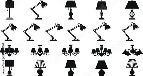 Modern Lamp and Lighting Icons Set with Desk Lamps, Table Lamps, Chandeliers, and Floor Lamps for Interior Design, Home Decor, and Lighting Solutions