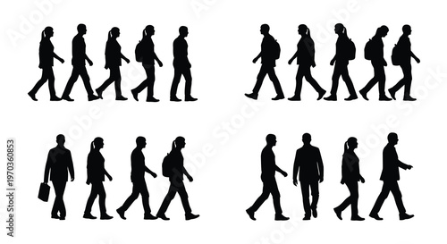 Diverse group of people walking forward depicted in black silhouette