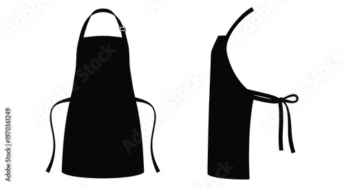 Black apron displayed from front and side views stark silhouette