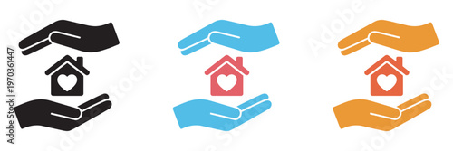 Home Care Concept, hands holding home with heart, house protection icons, shelter and roof symbols, hospice and estate property care, insurance and protection vector set