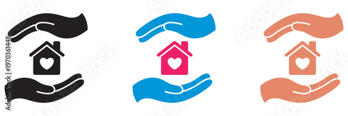 Home Care Concept, vector icons of hands holding house with heart, shelter, roof, hospice symbols, estate care, home protection and insurance illustrations
