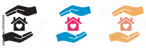 Home Care Concept, hands holding home with heart, house protection icons, shelter and roof symbols, hospice and estate property care, insurance and protection vector set