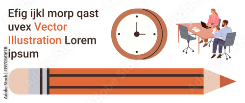 Business management, teamwork, office environment, time management, productivity, creative planning. Office setup with people engaged in discussion, clock and pencil. Teamwork and time management