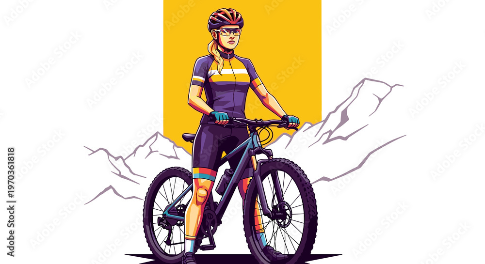 Obraz premium Female cyclist posing on mountain bike with yellow background 
