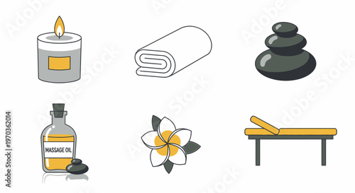 Spa and wellness icons candle towel stones oil flower massage bed